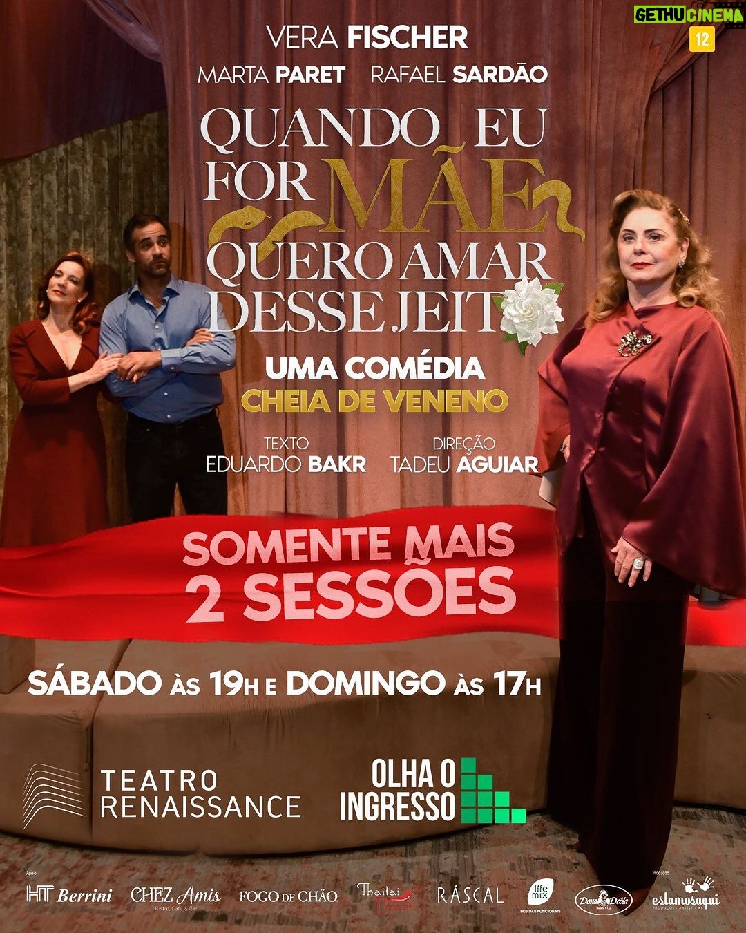 Vera Fischer Instagram - 💜🩵🧡💙🩷❤️💛💚🖤🩶🤍🤎#quandoformãequeroamardessejeito 🎭 @teatrorenaissance Sábado às 19h e Domingo às 17h ⏰ Ingressos: link na Bio✨ Elenco @verafischeroficial 🐍 @martaparet 🐍 @rafael_sardao 🐥 Texto @eduardo_bakr Direção @tadeuaguiaroficial Assistência de direção @coreografiasnapista Desenho de Luz @danisanchez1 Trilha sonora original @lilisecco Cenário @cenarionatalialana Figurino @espetacularproducoeseartes Figurinista Assistente @brumanattrodt Cenógrafa Assistente @marietaspada Designer @furtado_ale Imagens severo Produção Executiva @edgardjordao Coordenação de Produção @normapthire Produção geral @estamosaquiproducoes Assessoria de imprensa @barataproducoes Teatro @teatrorenaissance Apoio: @chezamis.bistro @htberrini @thaitaibrasil @rascalrestaurante @fogodechaobr @lifemixoficial @donadeola #verafischerindica Teatro Renaissance