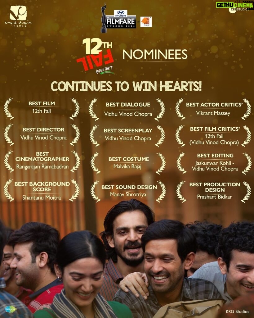 Vikrant Massey Instagram - #12thFail continues to win hearts, this time at the Filmfare Awards 2024. With 12 nominations, 12th Fail takes over! 🎥⭐️ Still playing in cinemas, watch this Filmfare-nominated movie now! @zeestudiosofficial @vikrantmassey @medhashankr @anantvjoshi @anshumaan_pushkar #VikasDivyakirti @arsgeeta @itsharishkhanna @priyanshuchatterjee @moitrashantanu @swanandkirkire @saregama_official @krgstudios