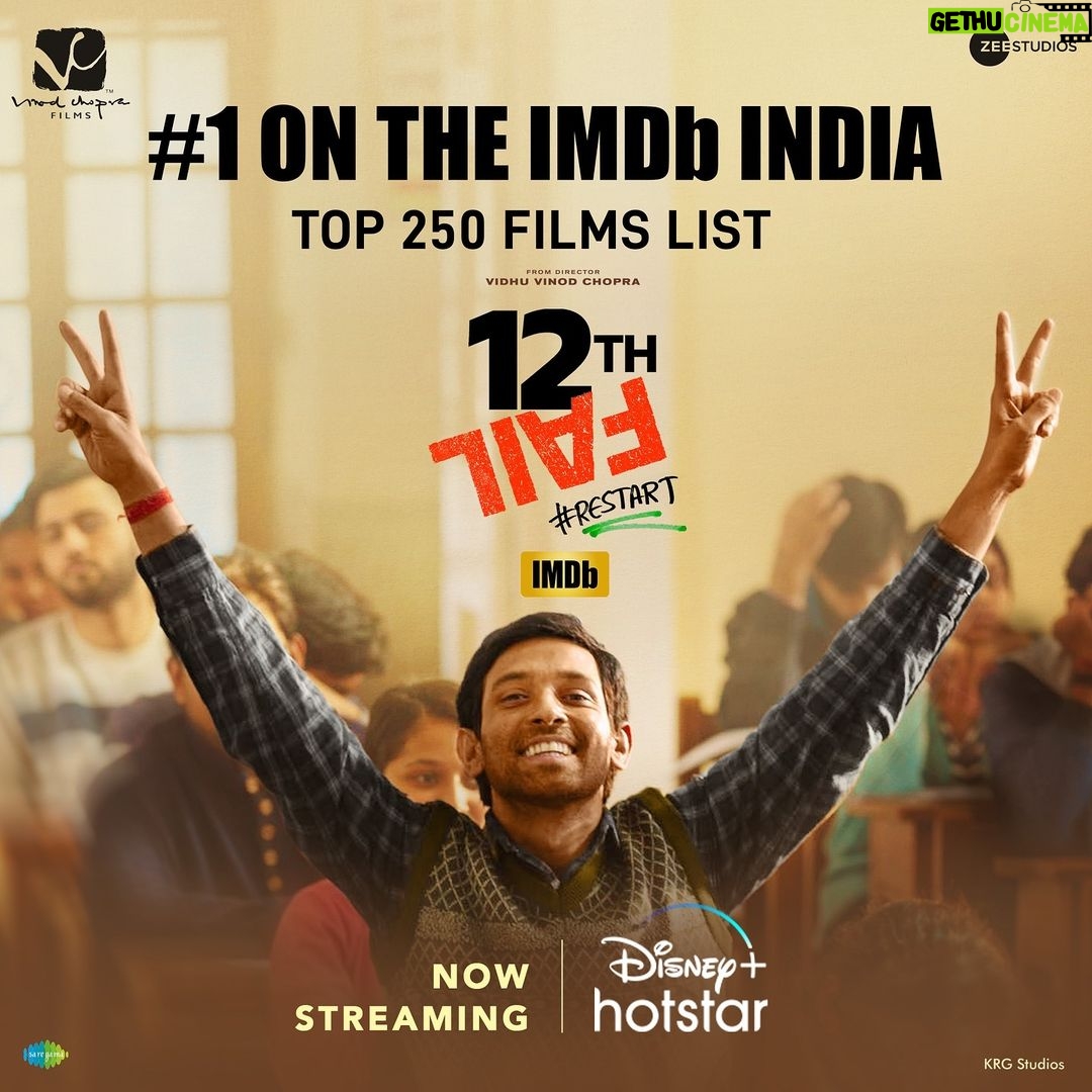 Vikrant Massey - 134.8K Likes - From failing exams to acing the charts, ‘12th Fail’ is rewriting the success story and continues to hold the #1 position on @imdb_in Top 250 Indian Films!
#12thFail now streaming.
#12thFailOnHotstar #ZeroSeKarRestart
@vidhuvinodchoprafilms @zeestudiosofficial @vikrantmassey @medhashankr
@anantvjoshi @anshumaan_pushkar @divyakirti.vikas @arsgeeta @itsharishkhanna
@priyanshuchatterjee @moitrashantanu @swanandkirkire @saregama_official
@krgstudios