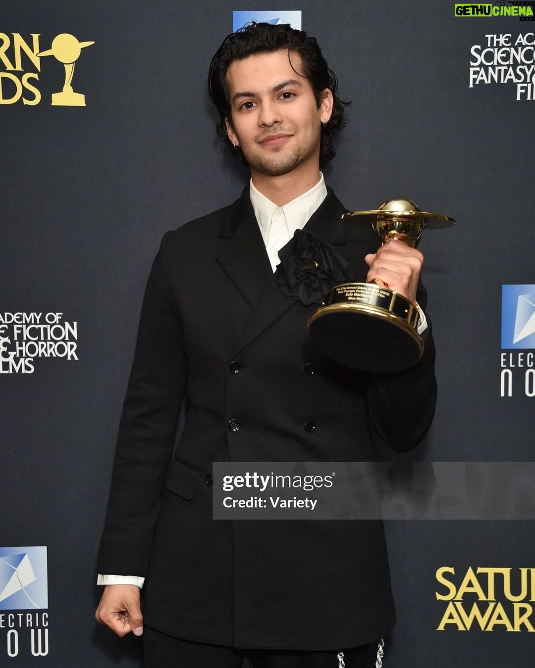 Xolo Mariduena - 367K Likes - A wonderful night at the @saturnawards surrounded by the teams of people who have made the movies I’ve spent my whole life looking up to. This award is dedicated to all of the people in front of and behind the camera that allowed me to shine, we created a fricken family and i couldn’t have done it with out yall. 💙💙 Blue Beetle forever!! Now time to hop on a plane back to work 🥋🥋💙💙