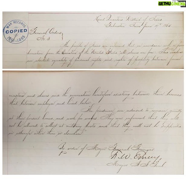 Olivia Wilde Instagram - “The people of Texas are informed that, in accordance with a proclamation from the Executive of the United States, all slaves are free. This involves an absolute equality of personal rights and rights of property between former masters and slaves and the connection heretofore existing between them becomes that between employer and hired labor.” From the National Archives, via @nytimes : General Granger marched into Texas with about 2,000 troops in June 1865, two months after Gen. Robert E. Lee of the Confederacy surrendered to Union forces at Appomattox, Va., marking what some historians have called the beginning of the end of the deadliest war in American history.
The announcement would not have been a total surprise. People in Texas knew that the Emancipation Proclamation had been signed two years earlier — in fact, some slave owners had moved to Texas, the westernmost Confederate state, to escape the reach of Union enforcers.
The June 19 order did not merely call for enslaved people to be free; it also advised them to “remain at their present homes and work for wages,” and it warned that “they will not be allowed to collect at military posts and that they will not be supported in idleness either there or elsewhere.” ...the racist language used in the last sentences foreshadowed that the fight for equal rights would continue. #juneteenth