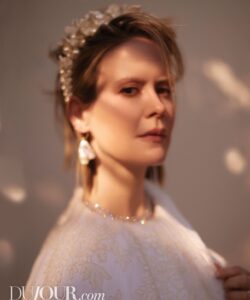 Sarah Paulson Instagram - No eyebrows but make it fashion. 
Thank you to everyone @dujourmedia for a wild day, WAY outside my comfort zone. (Eyebrows courtesy of Linda Tripp) 

Photography: @maxabadian
Words: @natashawolff
Stylist: @karlawelchstylist
Hair: @hairbyadir
Makeup: @adambreuchaud
Creative Director: @alexanderwolf @kristiestreicher