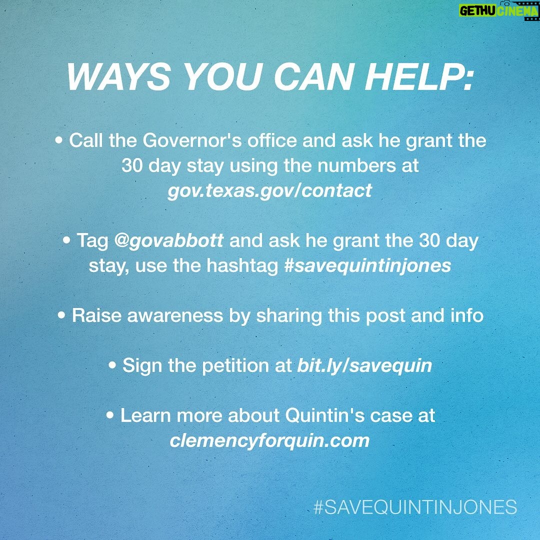 Sarah Paulson Instagram - PLEASE AMPLIFY EVERYWHERE. Quintin Jones is scheduled to be executed tonight, May 19th, in Texas. We have only hours to try and get Texas Governor Greg Abbott to grant a 30 day Stay of Execution so that Quintin's legal team can continue the work of trying to save his life.
He, and tens of thousands of people across the country, are pleading for a reduction in his sentence, from death to life in prison. Yesterday the Texas Board of Pardons and Paroles voted against granting him this clemency. In 2018, the board recommended such clemency for Thomas Whitaker, a white man, who's plea for clemency was very similar to Quin's, who is Black. This raises concerns that the Board's decision was racially biased, warranting an investigation into their process.
Ways you can help:
Call the Governor's office and ask he grant the 30 day stay using the numbers at gov.texas.gov/contact
Tag @govabbott and ask he grant the 30 day stay, use the hashtag #savequintinjones
Raise awareness by sharing this post and info
Sign the petition at bit.ly/savequin
Learn more about Quintin's case at clemencyforquin.com link in bio