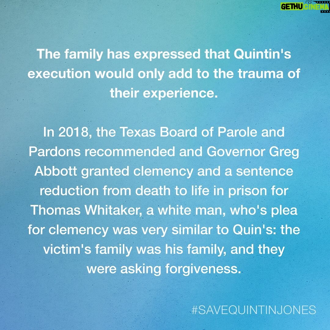 Sarah Paulson Instagram - PLEASE AMPLIFY EVERYWHERE. Quintin Jones is scheduled to be executed tonight, May 19th, in Texas. We have only hours to try and get Texas Governor Greg Abbott to grant a 30 day Stay of Execution so that Quintin's legal team can continue the work of trying to save his life.
He, and tens of thousands of people across the country, are pleading for a reduction in his sentence, from death to life in prison. Yesterday the Texas Board of Pardons and Paroles voted against granting him this clemency. In 2018, the board recommended such clemency for Thomas Whitaker, a white man, who's plea for clemency was very similar to Quin's, who is Black. This raises concerns that the Board's decision was racially biased, warranting an investigation into their process.
Ways you can help:
Call the Governor's office and ask he grant the 30 day stay using the numbers at gov.texas.gov/contact
Tag @govabbott and ask he grant the 30 day stay, use the hashtag #savequintinjones
Raise awareness by sharing this post and info
Sign the petition at bit.ly/savequin
Learn more about Quintin's case at clemencyforquin.com link in bio
