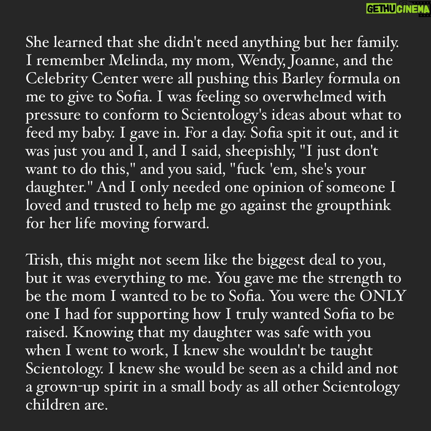 Leah Remini Instagram - Last week, our beloved @trish_the_nanny passed away after a nearly decade-long, brave battle with cancer. Many of you got to know Trish through our show on TLC. Trish was a big part of our lives and continued to be even after our girl grew up. In the last month, I feel so blessed to have spent quality time with her, and I got to tell her how much she meant to my family and me. I'm sharing the letter I wrote to Trish a few weeks ago while she was still with us. I wanted her to know how much she meant to me and how grateful I am for how she protected and loved Sofia. I post it to let you know how precious life is, remind you not to take those you love for granted, tell those you love what they mean to you, and tell those who impacted your life what they mean to you. Trish's love for life, her family, friends, and those she cared for were like no other. She loved a lot, danced a lot, sang a lot, and cooked her ass off. She lived and lived fully. Trish had a twisted sense of humor that made me love her instantly (the last picture depicts how she felt about cancer). Her laugh filled every room she walked in with joy. I will miss Trish in ways I can't describe in a caption. To her son KC, stepsons, her brothers, sisters-in-law, extended family, and friends. You know we are with you. Trish, I know you are bossing everyone around and making everyone laugh up there. We are going to miss you tremendously.