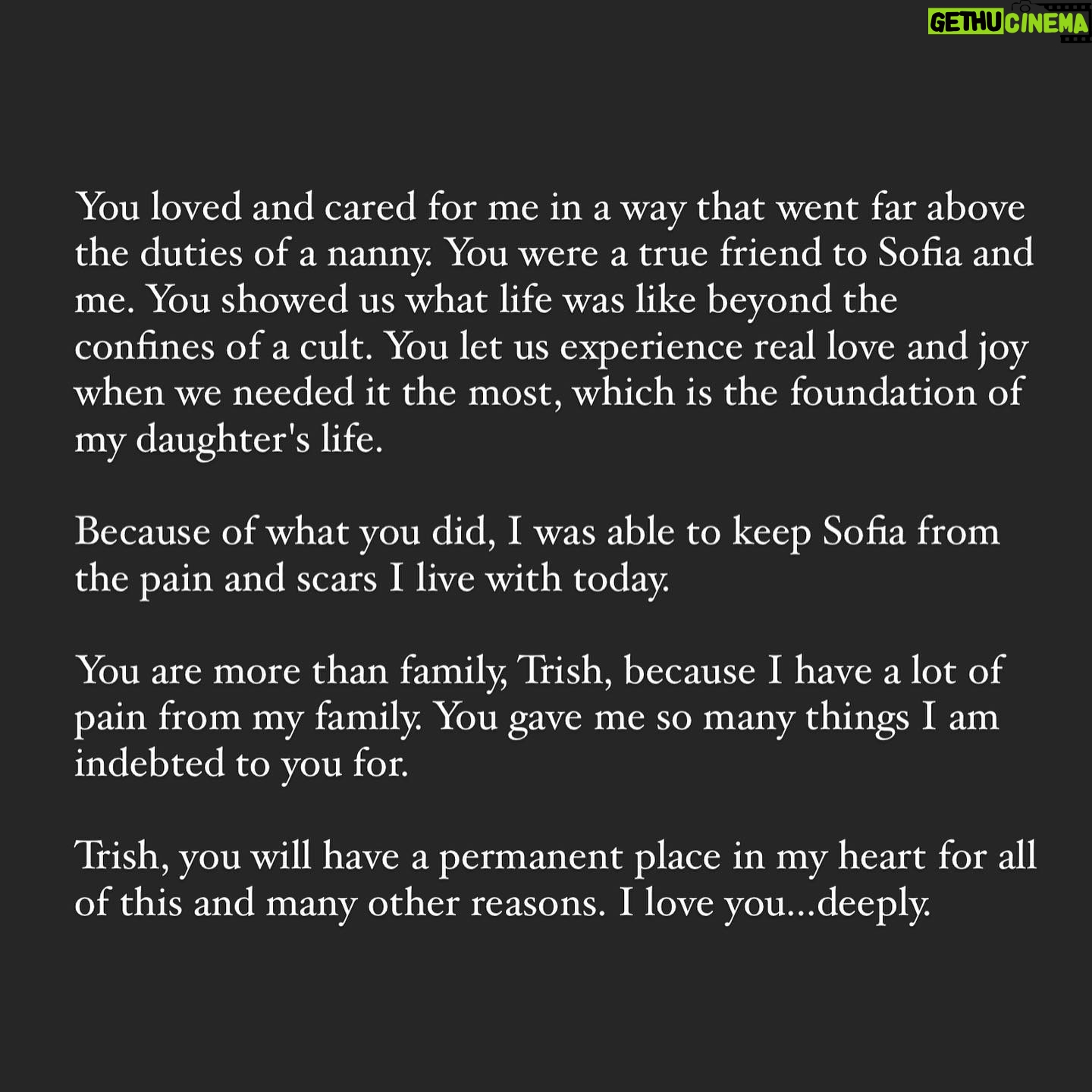 Leah Remini Instagram - Last week, our beloved @trish_the_nanny passed away after a nearly decade-long, brave battle with cancer. Many of you got to know Trish through our show on TLC. Trish was a big part of our lives and continued to be even after our girl grew up. In the last month, I feel so blessed to have spent quality time with her, and I got to tell her how much she meant to my family and me. I'm sharing the letter I wrote to Trish a few weeks ago while she was still with us. I wanted her to know how much she meant to me and how grateful I am for how she protected and loved Sofia. I post it to let you know how precious life is, remind you not to take those you love for granted, tell those you love what they mean to you, and tell those who impacted your life what they mean to you. Trish's love for life, her family, friends, and those she cared for were like no other. She loved a lot, danced a lot, sang a lot, and cooked her ass off. She lived and lived fully. Trish had a twisted sense of humor that made me love her instantly (the last picture depicts how she felt about cancer). Her laugh filled every room she walked in with joy. I will miss Trish in ways I can't describe in a caption. To her son KC, stepsons, her brothers, sisters-in-law, extended family, and friends. You know we are with you. Trish, I know you are bossing everyone around and making everyone laugh up there. We are going to miss you tremendously.
