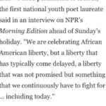 Amanda Gorman Instagram - Happy Juneteenth everyone 🖤❤️💚—I spoke with NPR about using poetry to connect to the many histories and meanings behind this day. You can read more about the holiday at the link in bio. Here’s to family, to firsts, to freedom 🖤