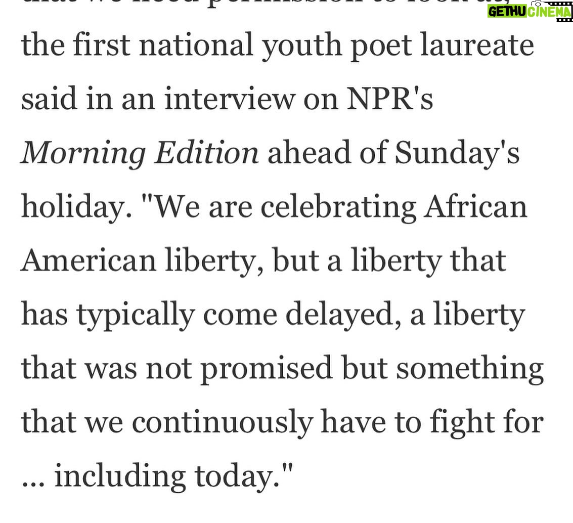 Amanda Gorman Instagram - Happy Juneteenth everyone 🖤❤️💚—I spoke with NPR about using poetry to connect to the many histories and meanings behind this day. You can read more about the holiday at the link in bio. Here’s to family, to firsts, to freedom 🖤