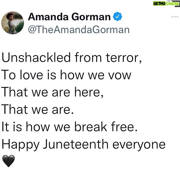 Amanda Gorman Instagram - Happy Juneteenth everyone 🖤❤️💚—I spoke with NPR about using poetry to connect to the many histories and meanings behind this day. You can read more about the holiday at the link in bio. Here’s to family, to firsts, to freedom 🖤