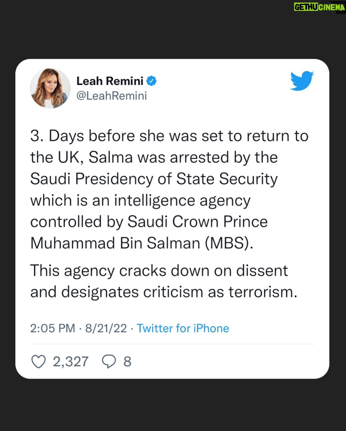 Leah Remini Instagram - Please share this post in your Instagram stories. I have also linked to this thread in my stories. We’ve brought a lot of attention to Salma’s case in the last 24 hours and we need your help to keep her on people’s minds.
@visitsaudi @saudi.mt