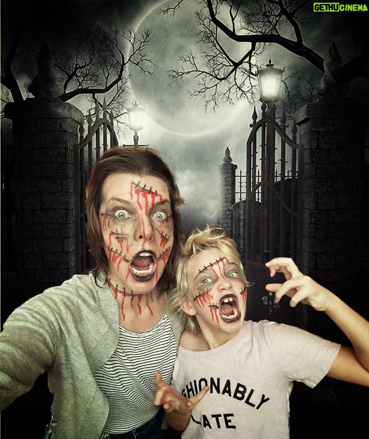 Milla Jovovich Instagram - Thereโs no real Halloween in Europe so I decided to make a special Halloween experience for my 7 year old daughter, Dash, so she could still feel the spooky spirit! Mostly we just have zombie make up on and weโre walking around scaring people who have no clue why we look like this๐๐ป๐๐๐๐