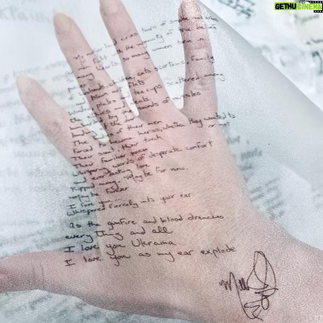 Milla Jovovich Instagram - Today marks the one year anniversary of the war on Ukraine. I am working with exceptional Ukrainian designer @lever_couture who is taking “love letters” for Ukraine and sewing them by hand on a couture gown which will be auctioned off with all proceeds going to @zelenskafoundation. Here are some pics of the amazing process of making this one of a kind gown! My letter was written as a poem which you can read below:
My motherland cries tears of smoke and ashes
Her men fight with the ingenuity of true belief
So many hearts, so many women torn in pieces
Of husbands, children, cats and curtains, blown out flats
Windows, plates and tea cups, ethics and ideals bombarded by the sounds of missiles landing at the door
The bodies of their men, forced to become hero’s
Whether they wanted to or not
Their scent, their touch, their familiar voices Whispering words of desperate comfort and of everlasting love
Ripped away, maybe for now, maybe forever
I love you…
Whispered fiercely into a beloved ear
I love you whispered fiercely into the wind
As the gunfire and the blood drenches Everything and all
I love you Ukraina.
I love you as my ears explode
#waronukraine