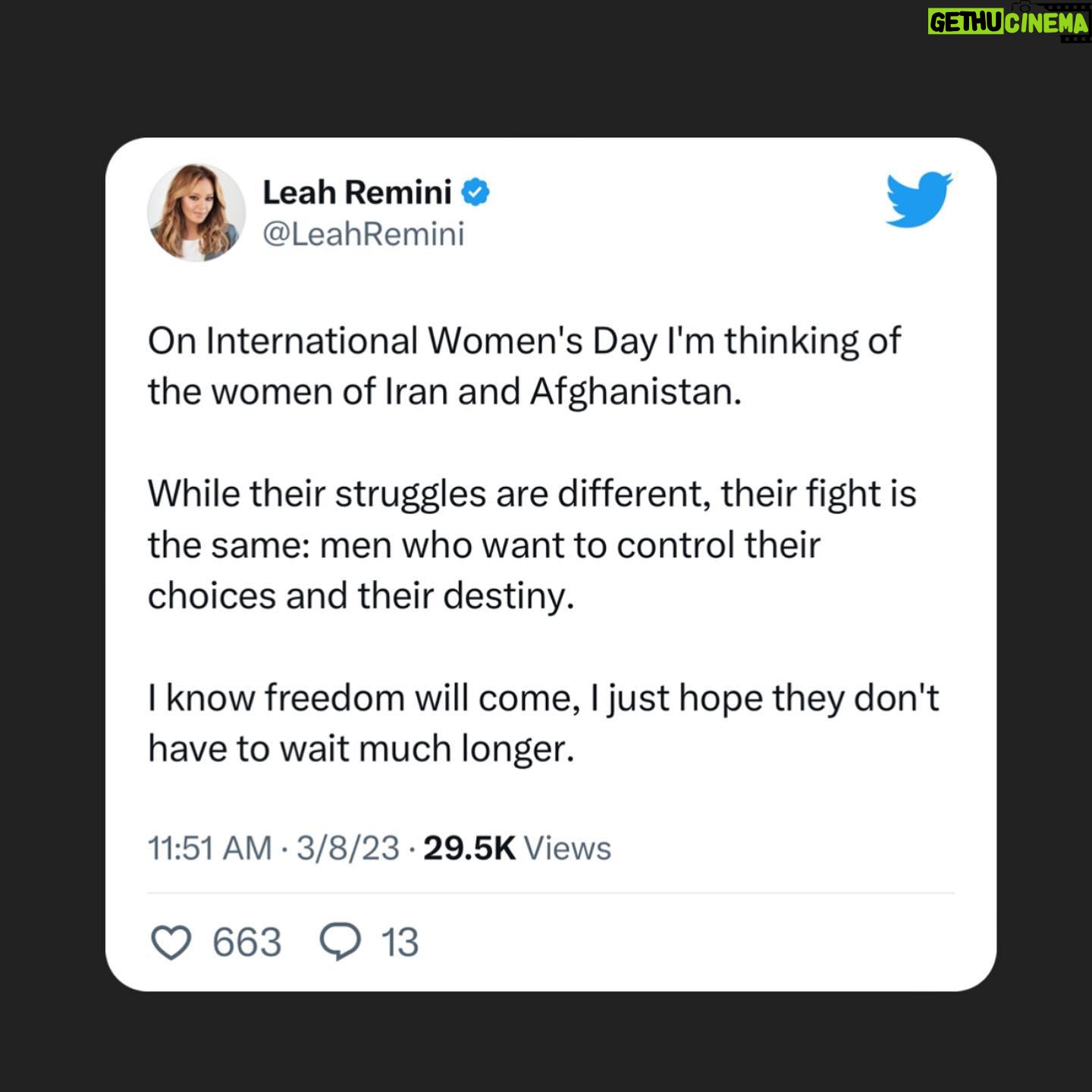 Leah Remini Instagram - On International Women's Day, I wanted to bring attention to the women of Iran and Afghanistan. In Iran, months after the murder of Mahsa Zhina Amini, Iranians continue to fight for their freedom. But misogynistic forces, mainly in the Islamic Republic government, continue to suppress the voices of Iranians, especially women, and girls. The outbreak of poisonings in girls' schools across Iran has made me sick. Please read the article I've linked in my stories to learn more. Unfortunately, this criminal tragedy isn't being discussed enough.
In Afghanistan, since the Taliban took over again, the status of women and girls concerning their human rights has declined dramatically. According to the UN, Afghanistan is now the most repressive country for women and girls. The women and girls of Afghanistan feel abandoned by the world. To learn more about their perspective, please read the story linked in my stories.
#internationalwomensday #iran #afghanistan
