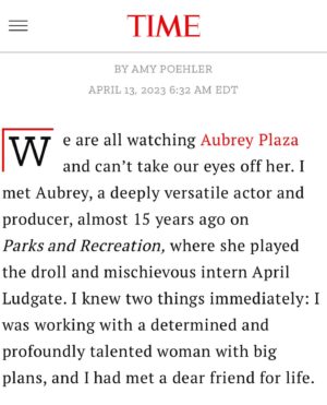 Aubrey Plaza Instagram - Thank you @time for including me on your list and throwing a great party. It was so fun to meet such talented and inspiring people…. and thank you to my team ❤️

styling @highheelprncess 
makeup @rebeccarestrepo 
hair @rheannewhite 
nails @pattieyankee 
dress @carolinaherrera 
@time article by #amypoehler