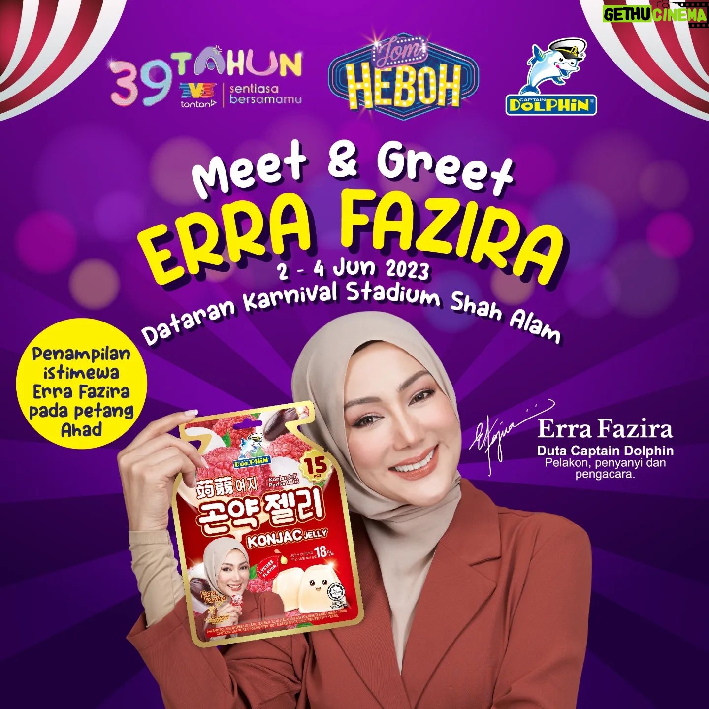 Erra Fazira Instagram - Hai semua! ππ»π
Jom temui @captaindolphin.my di Karnival Jom Heboh pada 2 - 4 Jun ini di Dataran Karnival Stadium Shah Alam.
Jangan lepaskan peluang untuk beramah mesra dengan selebriti kesayangan anda Erra Fazira pada petang Ahad. Nantikan juga kemunculan maskot Captain Dolphin dan pelbagai aktiviti menarik menanti anda..
Jumpa anda di sana! π₯³
#captaindolphin #konjacjelly #karnivaljomheboh