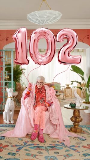 Iris Apfel Instagram - 102 TODAY… who would’ve thought!! 
🎈🌈🍰🥳🎂🎁🎊1️⃣0️⃣2️⃣🎊🎁🎂🥳🍰🌈🎈