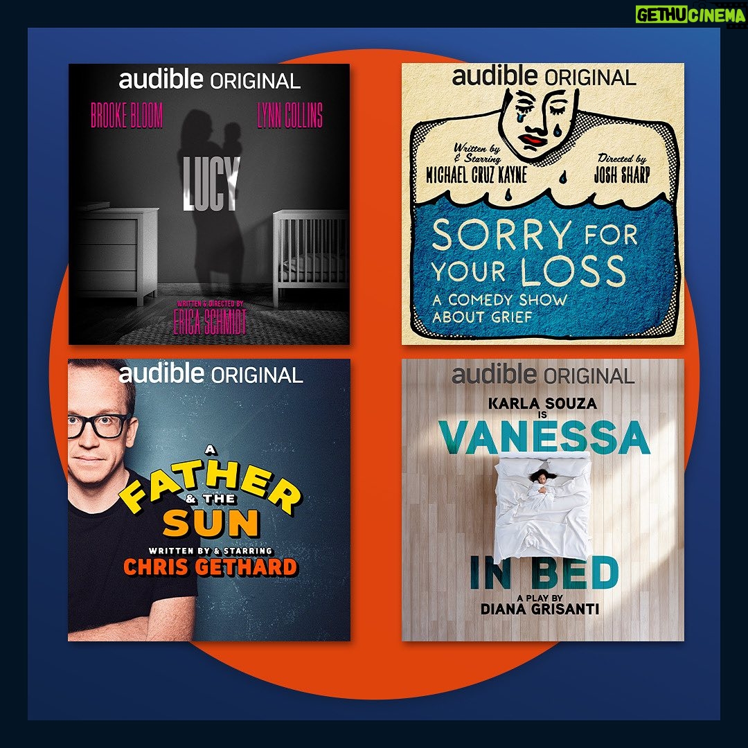 Karla Souza Instagram - It’s time to fall in love with four brand new releases 🍂🎧
🍼 LUCY, the recent @nytimes Critic’s Pick
💙 Sorry For Your Loss, written and performed by comedian @cruzkayne
☀️ A Father & The Sun, straight from the “cool kid of American hipster comedy” @chrisgeth
🛏 Vanessa In Bed, a play by Diana Grisanti, starring @karlasouza
There’s a story for you on #AudibleTheater.
