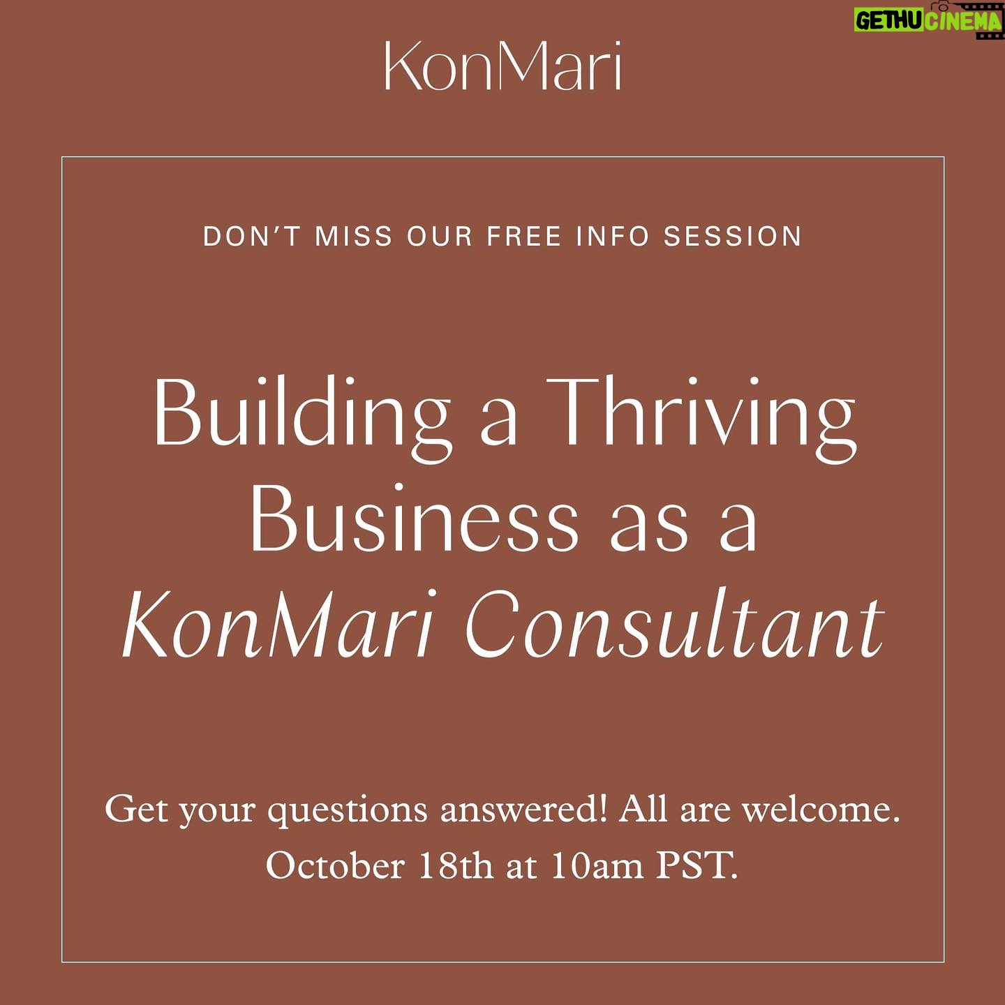Marie Kondo Instagram - Join us on October 18th for our free 30 mins KonMari Consultant Info Session!✨
Curious but not sure yet how working as a KonMari Consultant looks like? Do not miss this opportunity to hear stories from KonMari Consultants and get your questions answered! There’s a place in this world for your passion.
Date: Wednesday, October 18th
Time: 10am Pacific | 1pm Eastern | 6pm London
Reserve Your Spot Now - Link in bio
【🔗Register for FREE Info Session】
#mykonmari #mariecondo #konmari #konmarie #konmarimethod #konmariconsultant #tidyingup #tidying #tidyupwithmariekondo #professionalorganizer #organizingismylifestyle