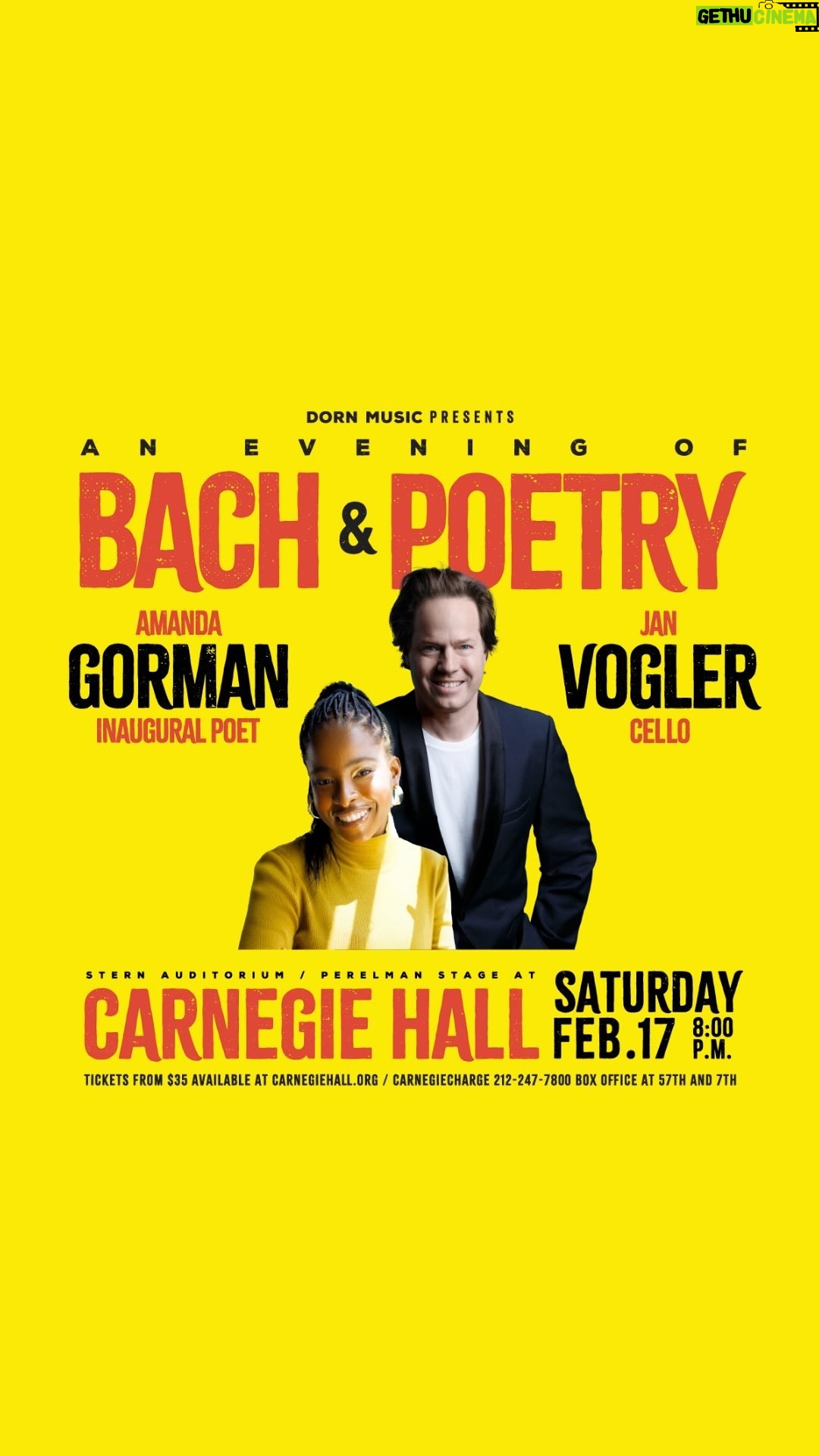 Amanda Gorman Instagram - ποΈ GET YOUR TICKETS NOW! ποΈ
Join us on February 17, 2024 for one very special evening of uplifting, heartfelt, deeply moving poetry written and performed by Inaugural poet and bestselling author @amandascgorman, interwoven with stirring Bach cello suites performed by internationally renowned cellist @janvoglercello at @carnegiehall, Isaac Stern Auditorium - presented by @dornmusic.
AN EVENING OF BACH & POETRY
ποΈ SATURDAY, FEB 17, 2024
π Carnegie Hall - Stern Auditorium / Perelman Stage
@carnegiehall
ποΈ Start at $35
Ticket π in Bio β¬οΈ
PERFORMERS:
Jan Vogler @janvoglercello
Amanda Gorman @amandascgorman
#amandagorman #amandagormanpoetry #amandagormanpoet #janvogler #janvoglercello #bachcellosuites #bach #cello #nycconcerts #somethingsomeday #carnegiehall #poetryandbach @jensenartists #jensenartists #dornmusicpresents #dornmusic
