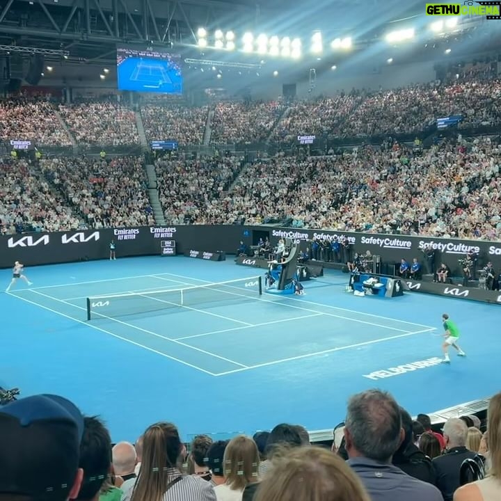Kate Walsh Instagram - What a match!  I was so excited to capture the final serve and point on my phone that I couldn’t get to the video & had to hold it down in the photo but let it up to cheer at the final moment 😂 so the gracious Ellie sent me her video of the sweet victory! 🎾🎾Thanks so much for having @andynix1 and me @australianopen 🎾🎾 for some of the best tennis I’ve EVER seen! @medwed33 played extraordinary tennis w/@janniksin congratulations to the 2024 men’s finals winner @janniksin 🏆 🏆🏆