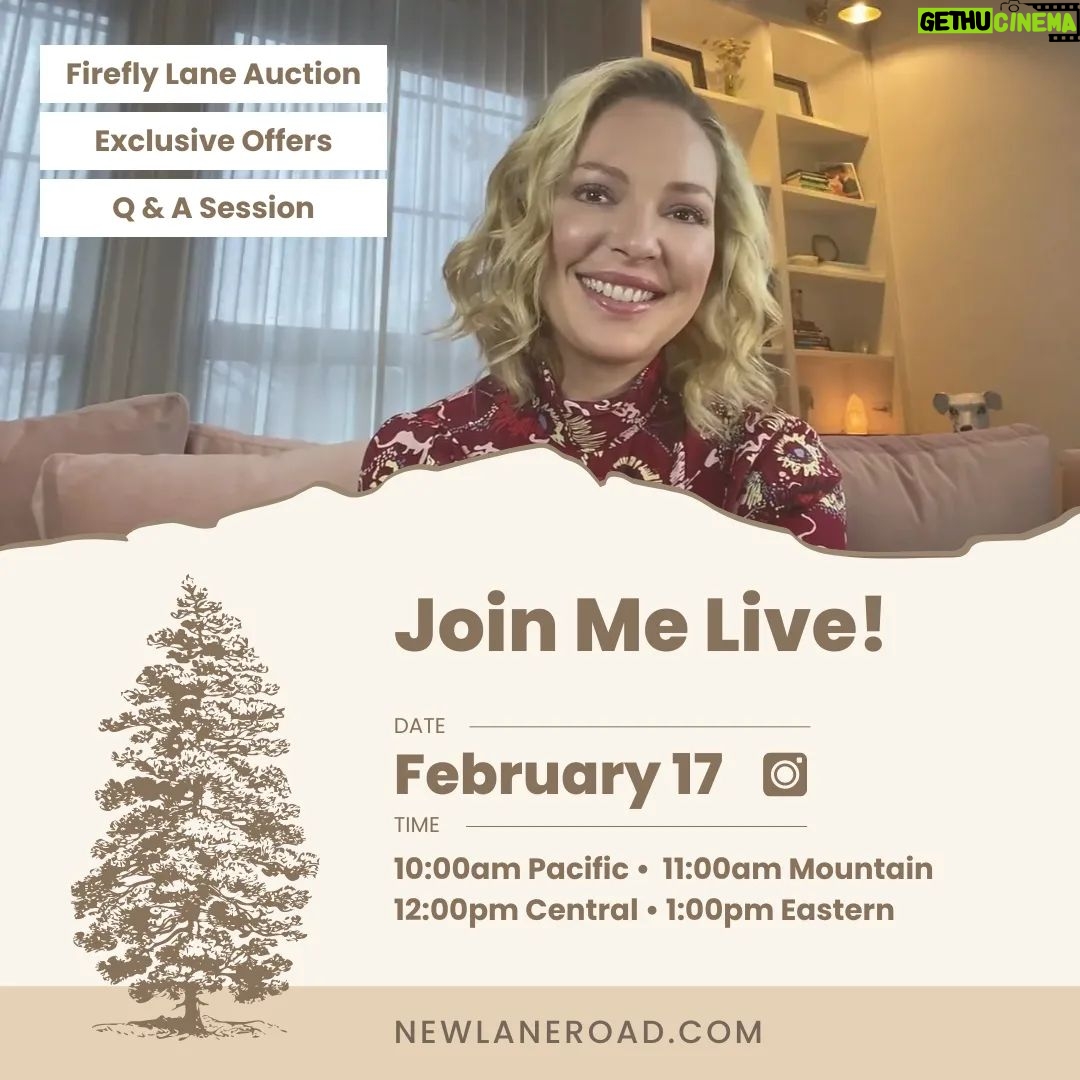 Katherine Heigl Instagram - Join me for an exclusive Instagram Live this Saturday, February 17, at 11:00AM MT! I've got exciting updates to share about @newlaneroad including a sneak peek into our upcoming Firefly Lane auction and some special offers you won't wanna miss. Plus, I can't wait to connect with you all in our Q & A session - get your questions ready!
So set your reminders everyone, and let's make it a date
#KatherieHeiglLive #NewLaneRoad #NLRM #FireflyLane