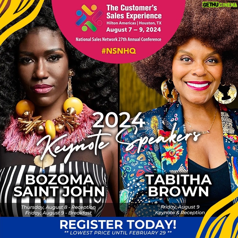 Tabitha Brown Instagram - ๐ Powerhouse Duo Alert: @iamtabithabrown and @badassboz Headlining the 2024 NSN Professional Conference!
Join us in #Houston for the 2024 NSN Professional Conference Career Fair โ where excellence is hired and inspired! Donโt miss the chance to be in the presence of these exceptional leaders.
๐
Save the date and register now before prices increase at the end of the month!
Register here: conference.salesnetwork.org
#NSN2024 #BozomaSaintJohn #TabithaBrown #BlackExcellence #Sales #Marketing