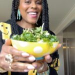 Tabitha Brown Instagram - This is one of my current favorite kale salads!! Let’s get into this lunch real quick❤️. #vegan #plantbased #lunch #salad #tabithabrown #foodie #eatwell 
Lemon pepper Parmesan from @kellyscroutons
Truffle hot sauce from @sauce
My sweater set is from @dressedinlala 
Earrings from @bekind.ramae