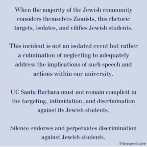 Mayim Bialik Instagram - Replace “Zionist” with “person who believes Israel as a homeland for Jews has a right to exist” - that’s what Zionism is. If you post signs like this, we will not be intimidated. Tessa Veksler, student body president at UCSB, will not be intimidated. Creating strife for Jews around the world simply because we exist will not be tolerated. It would not be tolerated by any other minority. Tessa, we’ve got you. 💪 🇮🇱 Repost @tessaveksler