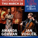 Amanda Gorman Instagram - WOW!! 🤩 @amandascgorman and @janvogler’s performance on the @colbertlateshow was so popular that it was selected for RE-BROADCAST! 🥳

TUNE IN:
🗓️ THURSDAY, MARCH 28
📺 @cbstv or @paramountplus 
⏰ 11:35 PM ET / 10:35 PM CT

Watch till the end to experience their moving performance of Gorman’s poem “What We Carry” interwoven with Vogler’s performance of Bach’s famous cello Prelude: Suite for Violoncello No. 1 in G Major, BWV 1007: I. 

Enjoy this very special peek into their acclaimed full-length “Evening of Bach and Poetry” that they performed at @carnegiehall’s Stern Auditorium in February - presented by @dornmusic. 

We are so proud to have brought this project to life! 💛✨

@stephenathome #bachandpoetry #amandagorman #janvogler #whatwecarry #bachcellosuiteno1 #lateshowwithstephencolbert #dornmusic #dornmusicpresents