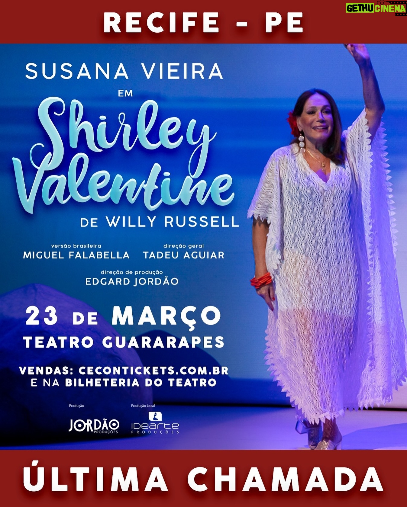 Susana Vieira Instagram - Cheguei, Recife!
Espero todos vocês amanhã na única apresentação da minha peça “Shirley Valentine”.
Ansiosa e feliz pra ver vocês!!! ❤️❤️❤️❤️❤️❤️