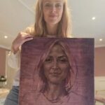 Fearne Cotton Instagram - Yesterday was a peach. We got to visit my pal @jonathanyeo studio and pick up my painting. 
During one of the lockdowns Jonny painted a few friends over video call and filmed the sittings so we could see his process. 
I've been a nerdy, mega fan of Jonny's work for many years and am hugely inspired by the way he uses colour and by his versitle technique. 
 I'm also obsessed with the parts of Jonny's paintings that he leaves undone. My translation of those areas of canvas are a nod to the parts of the sitter we don't know. The parts of the person that they themselves are still discovering. 
Yesterday we were all wide eyed taking in so many incredible pieces in his studio. A memorable afternoon and one that has kicked me up the bum to get my brushes out soon. I've painted and loved art from a young age and it remains one of the best ways for me to calm my racing mind and feel totally euphoric throughout. 
It was a honour to be painted by Jonny and I will treasure this piece for ever.