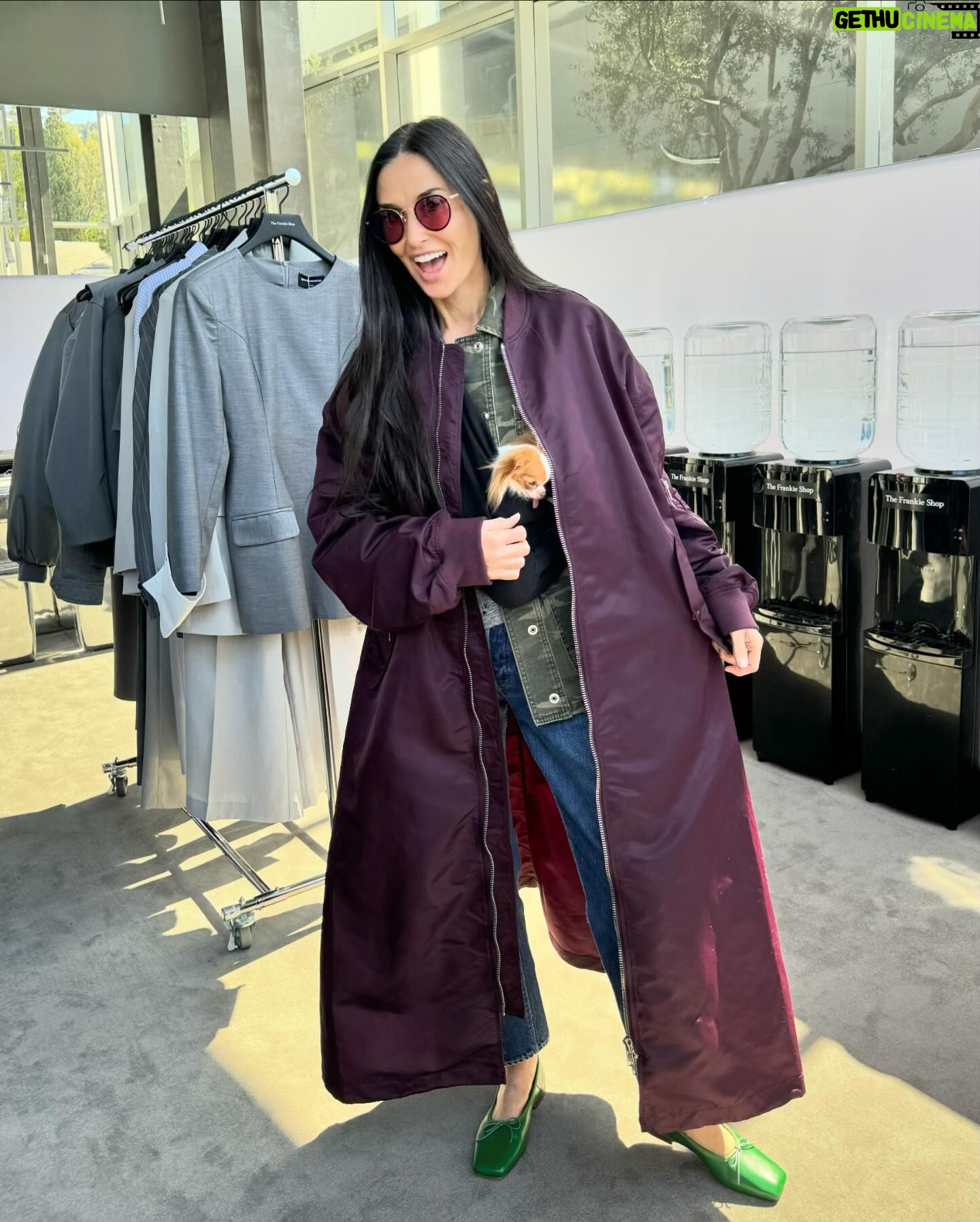 Demi Moore Instagram - Pilaf and I had a little excursion to @thefrankieshop! She helped me pick out this fabulous jacket and matching @oliverpeoples glasses, and finally had her moment in the amazing @crosbystudios chair from the campaign π