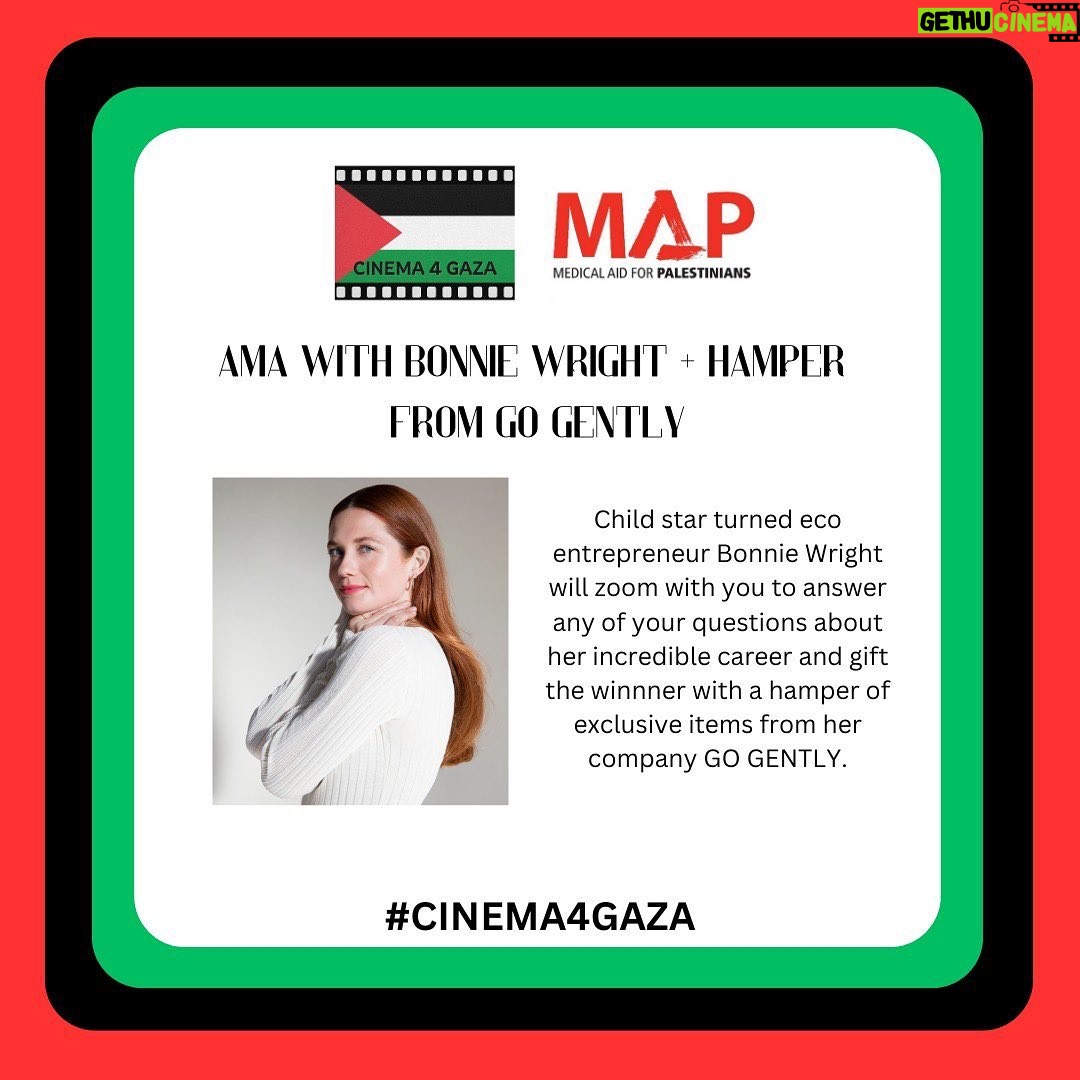 Bonnie Wright Instagram - Zoom with me! We can chat about anything be it Harry Potter, film school, writing my book Go Gently, climate justice advocacy, becoming and mum, what I had for beakfast. Anything! All to raise funds for @medicalaidpal with @cinema4gaza Plus a hamper of Go Gently goodies. You have two days to bid on the auction at the link in my bio or code on the second slide. There are literally not enough words for the feelings I carry daily for the lives of Palestinians and what they have endured for decades. I believe in their freedom and their right to a joyous and dignified life 🍉🕊️
