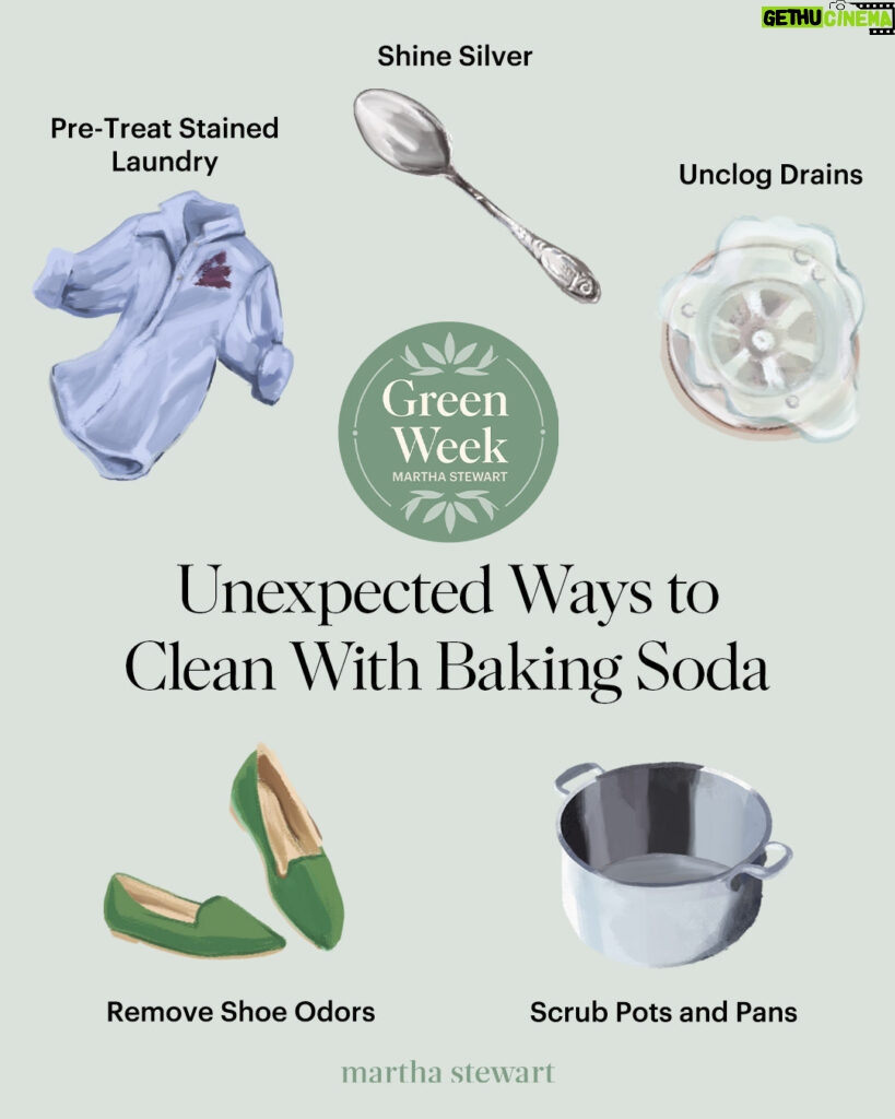 Martha Stewart Instagram - Baking soda might just be the most versatile staple in your pantry. Its uses go far beyond raising our favorite cake and cookie recipes; baking soda's naturally abrasive texture and chemical properties make it ideal for household cleaning uses like scrubbing and scouring dirt, deodorizing bad smells, and lifting stubborn stains. Head to the link in our bio to see more clever uses for baking soda around the house—and learn which cleaning agents you should never mix with this common kitchen item.