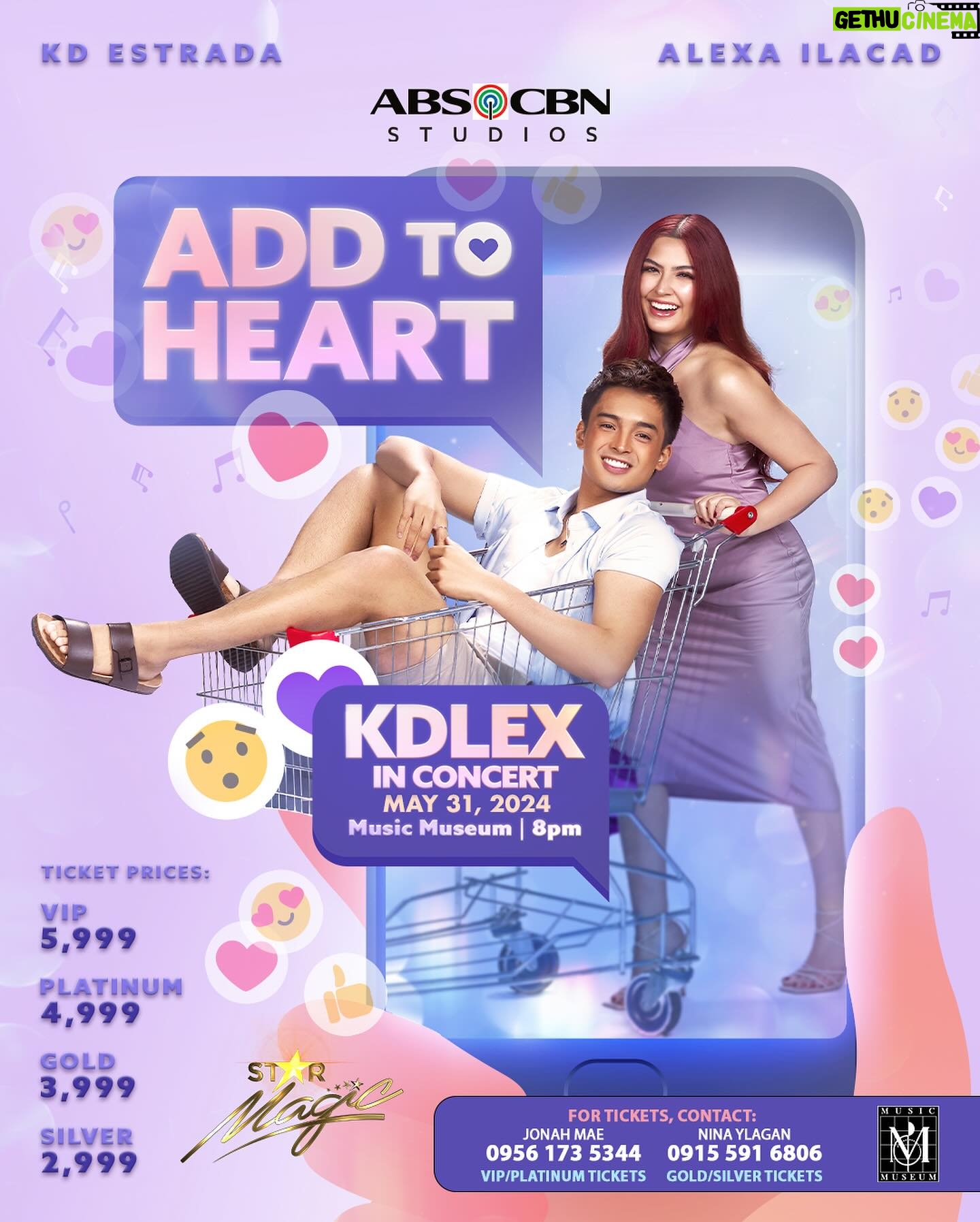 Alexa Ilacad Instagram - Sweethearts and Solids, the long wait is OVER!!! πππ»
Mark your calendars, as the most-awaited concert, βAdd To Heart: KDLex in Concertβ featuring the Hottest Musical pair in Philippine Entertainment-KD Estrada and Alexa Ilacad β this May 31, 2024, 8PM at the Music Museum. π€
Tickets available starting April 30, Tuesday at 12NN.
Para sainyo ito.. π€π«Άπ»
For tickets contact:
JONAH MAE
09561735344
VIP/PLATINUM TICKETS
NINA YLGAN
09155916806
GOLD/SILVER TICKETS
Visit Star Magic social media accounts for updates!
#KDLexAddToHeart #KDLEX #KDEstrada #AlexaIlacad π
* thank you to @rbchanco, @angeljamelarin_hair & @pattyyap for my glam & to ate @starmagic_deejaye & @kclyngr ππ»*