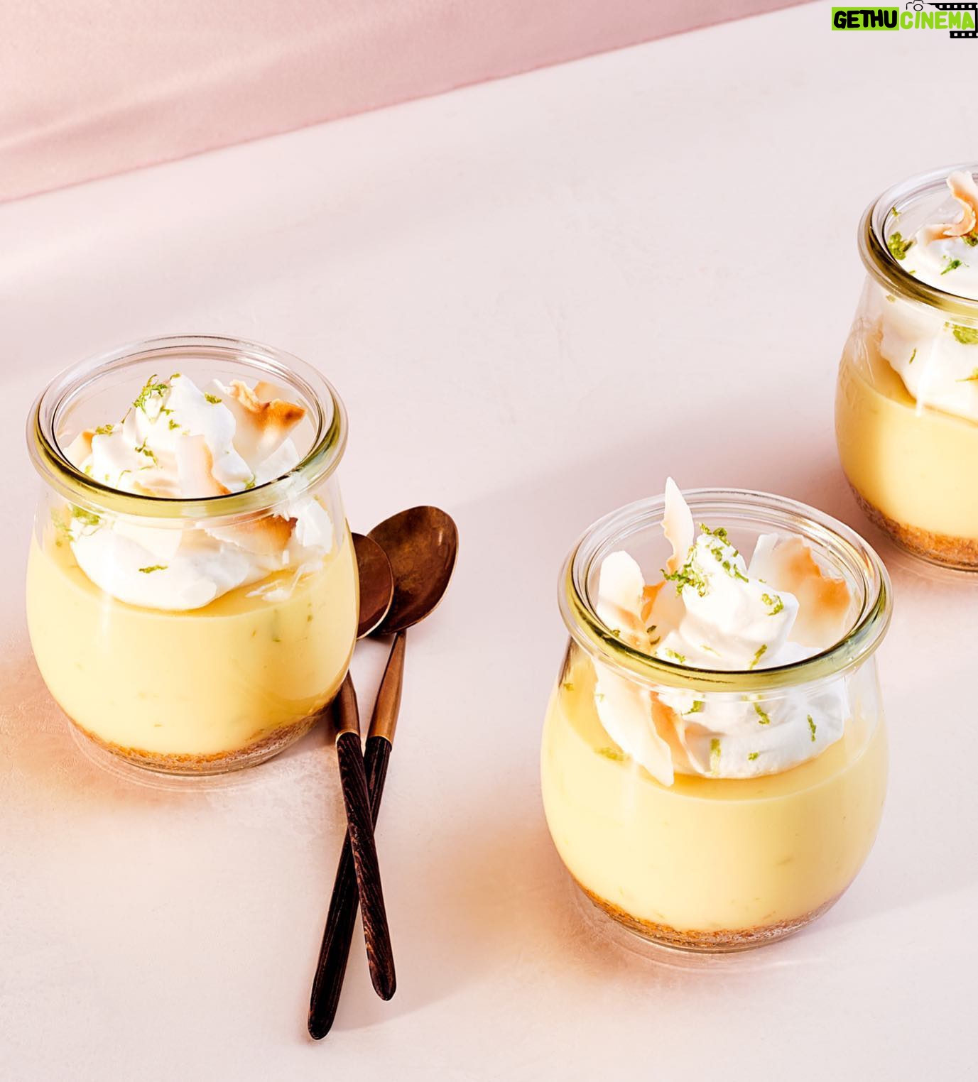 Martha Stewart Instagram - These individual cream "pies" get their silkiness from coconut milk and a zesty lift from limes. They're also fun to make, especially if you have kids who love spooning stuff into containers. Bake the graham-cracker crust and divide it into mini jars, add a tier of custard and another of whipped cream, and finish with toasted coconut flakes and more zest. Get the recipe at the link in our bio. 📷: @paolaandmurray recipe: @shirabocar food styling: @judy.kim prop styling: @tanyagraff1