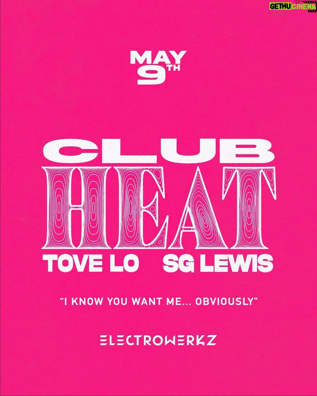 Tove Lo Instagram - CLUB HEAT
I know you want me…obviously
London
Be there
Be fabulous
Be the first to experience 😈
9th May, 10pm @electrowerkz_ x @purpleparlourclub
18
Free entry via @resident_advisor
Tickets available 2nd May at 6pm gmt
Full lineup to be announced