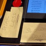 Aaron Rodgers Instagram – This is the @jeopardy podium, and my sticky notes from the 2nd day of filming. I used a lot of these stickies over the couple days of filming and put reminders on there like “Speak Less”, which was an ode to Paul Rudd on Forgetting Sarah Marshall, during surf lessons; “do less”. “Slow Down”, a reminder for me when reading the clues 💯. “Stand Up Straight”; every time I’m reading clues I’m bent over, so that was a reminder to stand up in certain moments when I knew I was on camera. 
“Relax” and “Energy” were just a couple other good reminders as well.  And the last one, was just to check if anyone was looking at my podium between games. Turns out, John the stage manager was, and we had a good laugh about it 😂😂😂 #lovethisshowsomuch #somuchgratitude #last3days #