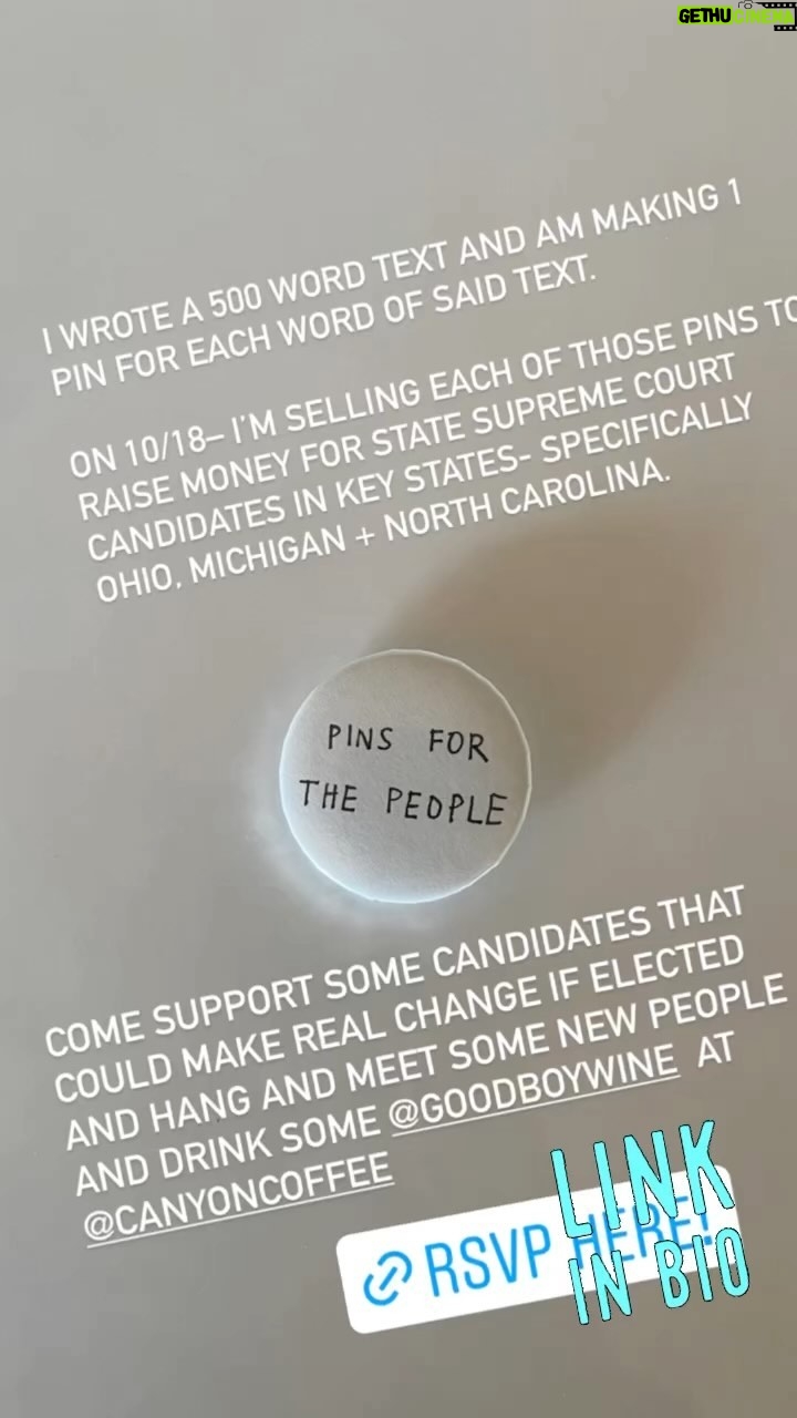 Abbi Jacobson Instagram - More info on Pins For The People! Basically Tuesday eve is an in person event where 500 pins will be sold to raise $$ for key state Supreme Court candidates (7 in particular from Ohio, North Carolina Michigan) Come and donate and pick out your word! If you’re not in LA, you can donate online too to help the cause but I unfortunately will not be able to send the pins. So the pins= in person only. For now at least. The link below and in my bio has more specific info! https://linktr.ee/abbijacobson