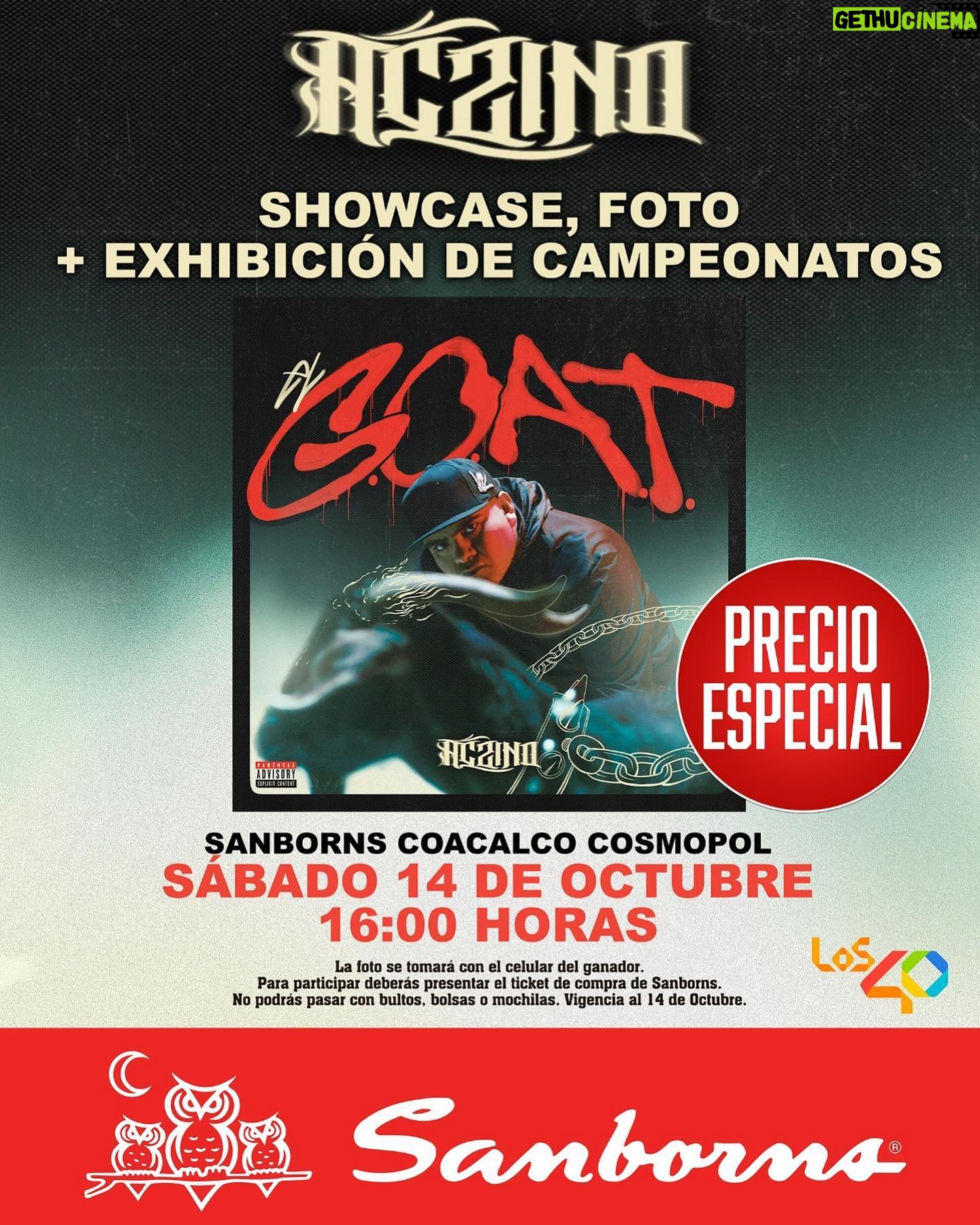 Aczino Instagram - #Coacalco 🇲🇽 Nos vemos este 14 de Octubre en: SANBORNS COACALCO COSMOPOL, Tendremos un showcase y además tendremos en exhibición los 3 cinturones de RedBull Batalla 🏆🏆🏆 Nos vemos! Solo compra EL G.O.A.T. En formato físico (EN EL LUGAR HABRÁ DISPONIBLES)