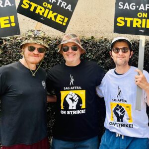 Adam Scott Instagram - In solidarity on the picket line at Warner Bros with our fellow @sagaftra @wgawest @wgaeast members, my boyfriend @nickofferman   one bonus Jesse Plemons
#sagaftrastrong #wgastrong