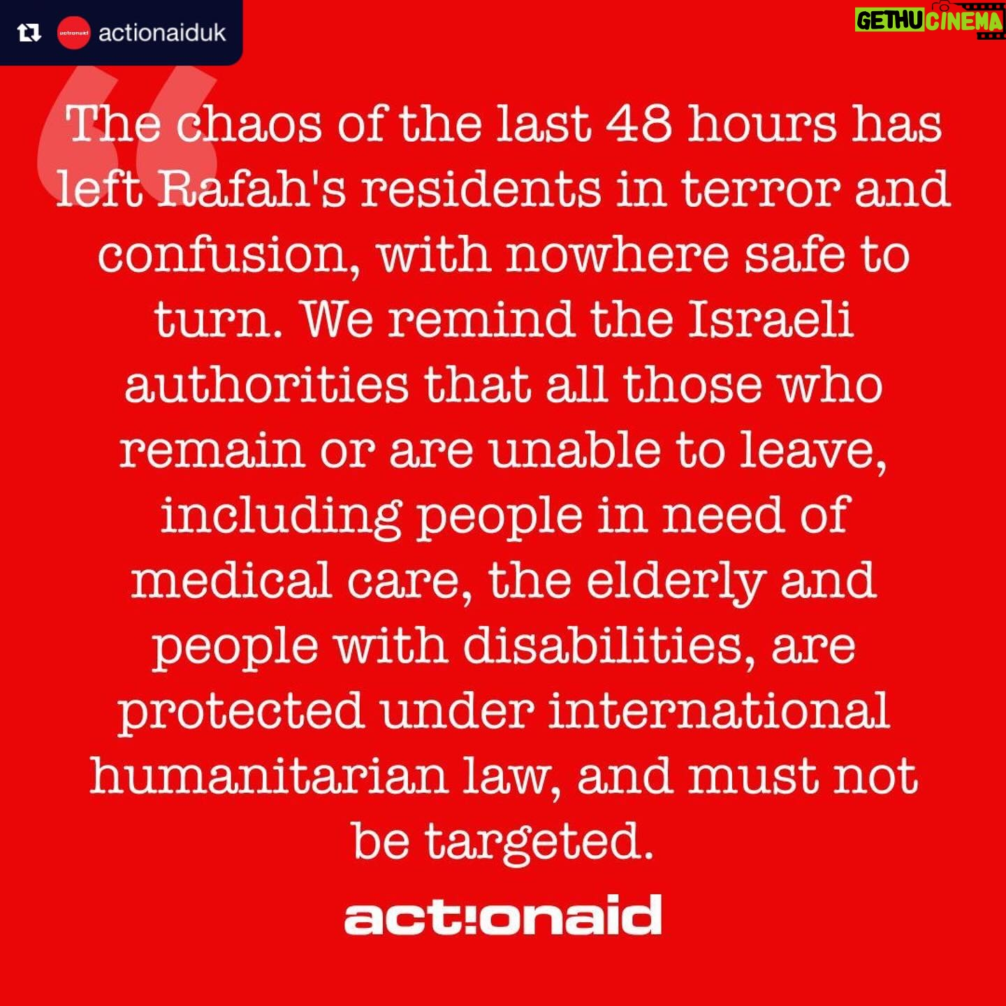 Aisling Bea Instagram - ActionAid is gravely concerned that the intensified attack on Rafah has led to the closure of all aid routes into Gaza. No humanitarian relief is getting in, creating a dire situation for the 2.2 million people already struggling with starvation, disease and a severe lack of medical support. The chaos of the last 48 hours has left Rafah’s residents in terror and confusion, with nowhere safe to turn. We remind the Israeli authorities that all those who remain or are unable to leave, including people in need of medical care, the elderly and people with disabilities, are protected under international humanitarian law, and must not be targeted. The international community cannot abandon them, we are urging you, now is the time to act. All parties involved must do everything in their power to immediately halt the assault on Rafah, reopen all aid crossing points, and ensure a permanent ceasefire. The people of Gaza cannot wait. We cannot allow this to happen. Please share. And don’t stop calling for a #CeasefireNow