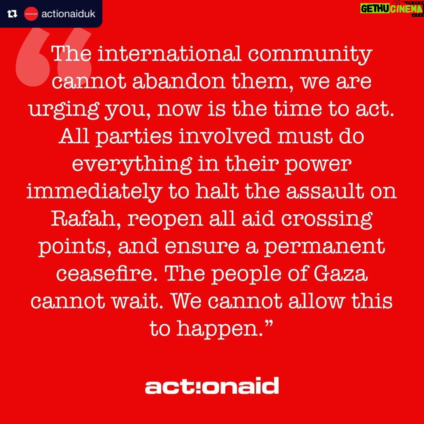 Aisling Bea Instagram - ActionAid is gravely concerned that the intensified attack on Rafah has led to the closure of all aid routes into Gaza. No humanitarian relief is getting in, creating a dire situation for the 2.2 million people already struggling with starvation, disease and a severe lack of medical support. The chaos of the last 48 hours has left Rafah’s residents in terror and confusion, with nowhere safe to turn. We remind the Israeli authorities that all those who remain or are unable to leave, including people in need of medical care, the elderly and people with disabilities, are protected under international humanitarian law, and must not be targeted. The international community cannot abandon them, we are urging you, now is the time to act. All parties involved must do everything in their power to immediately halt the assault on Rafah, reopen all aid crossing points, and ensure a permanent ceasefire. The people of Gaza cannot wait. We cannot allow this to happen. Please share. And don’t stop calling for a #CeasefireNow