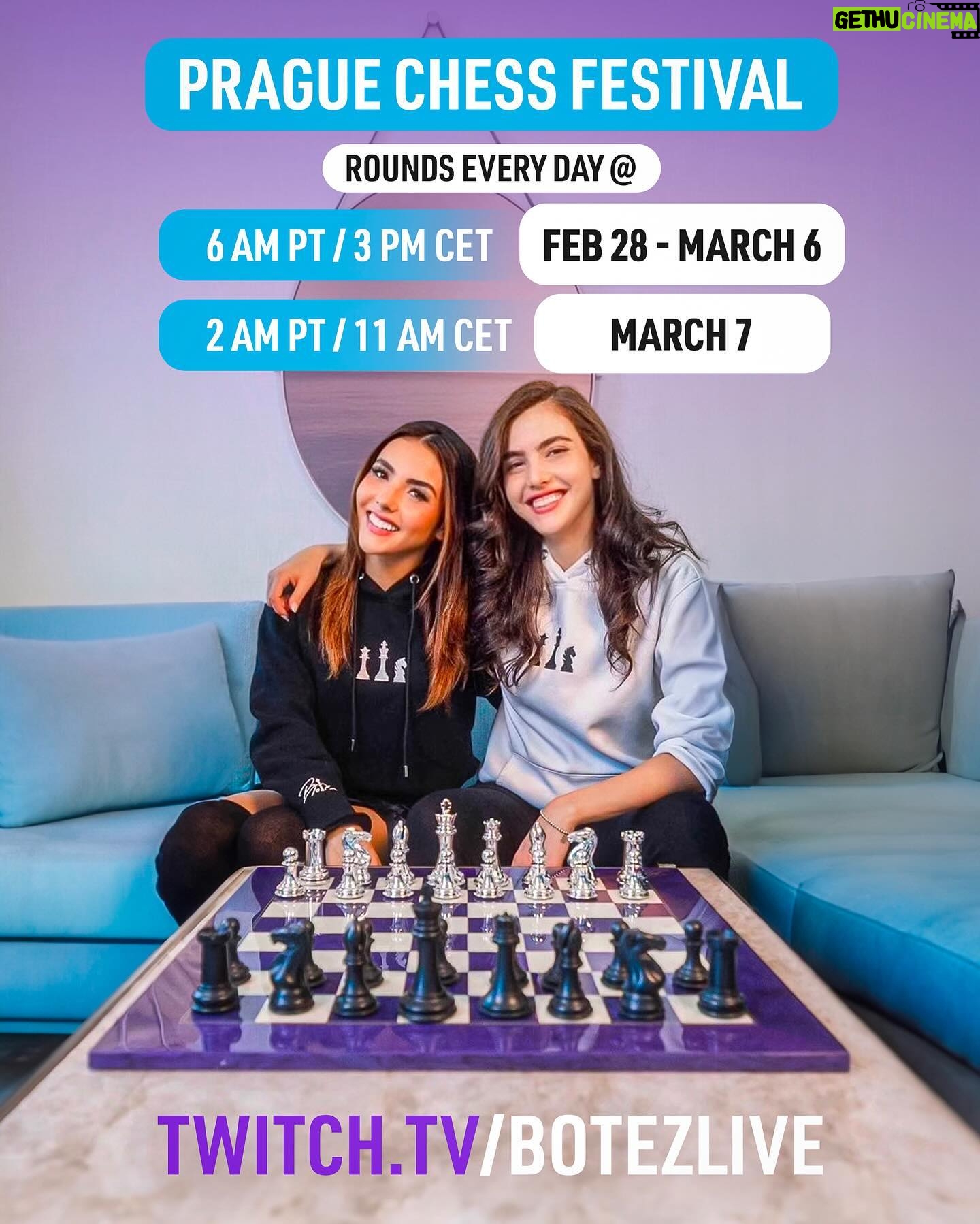 Alexandra Botez Instagram - About to play my first tournament this year! My sister and I are playing in the Prague Chess Festival starting tomorrow. Games will be live-streamed and Grandmaster @gmjlh will be commentating. Swipe for schedule ☺️
