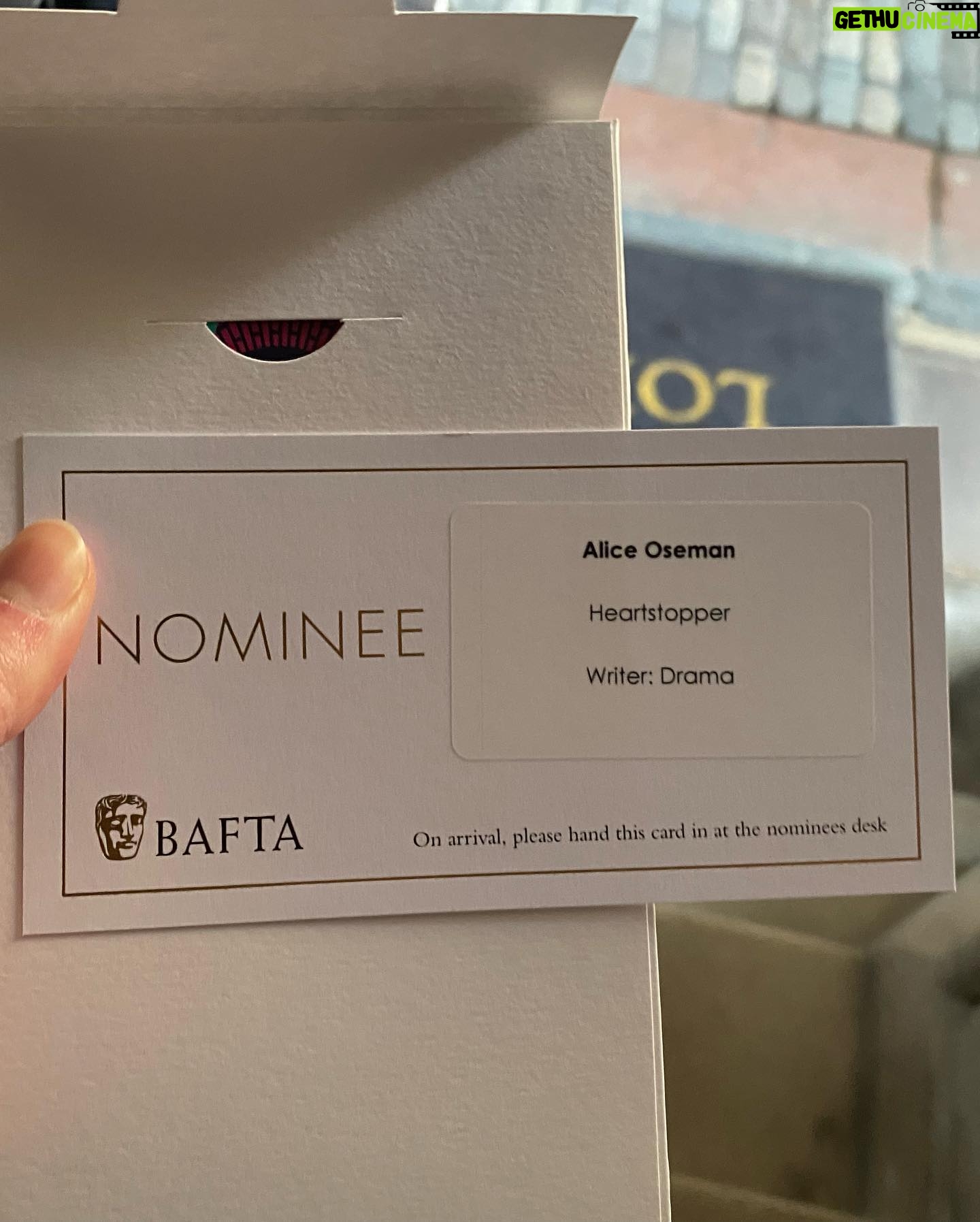 Alice Oseman Instagram - Very very very honoured to have been nominated for a BAFTA for Heartstopper!!! As you can see I was very excited to be there tonight 🥹 and as always so thankful to have my Heartstopper co-parent @patwalters__ with me!! Big thanks to @chadmaxwellhair and @andrianimakeup for making me look and feel wonderful 🥰