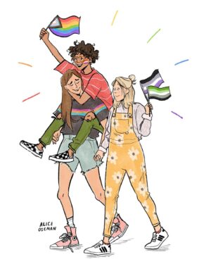 Alice Oseman Instagram - Happy Pride Month!!!! I’ve teamed up with @ecokaila to make a limited number of Pride t-shirts featuring the three leads of my YA novel LOVELESS (I miss them very much 💜)!! All profits are going to @notaphaseorg, which is a trans-led grassroots charity dedicated to campaigning, social projects, and funding new initiatives for the trans community. Eco Kaila are committed to sustainable and ethical clothing which is why I wanted to work with them!!

You can get a shirt by going to ecokaila.com/aliceoseman

Thank you for helping to raise money for an amazing cause this Pride month!! 🌈
