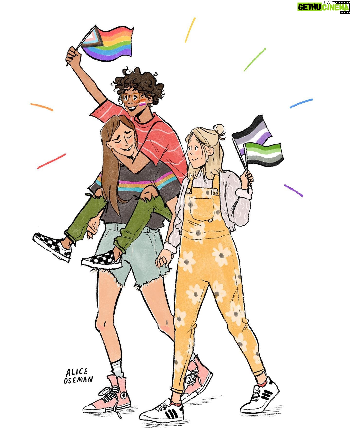 Alice Oseman - 451.2K Likes - Happy Pride Month!!!! I’ve teamed up with @ecokaila to make a limited number of Pride t-shirts featuring the three leads of my YA novel LOVELESS (I miss them very much 💜)!! All profits are going to @notaphaseorg, which is a trans-led grassroots charity dedicated to campaigning, social projects, and funding new initiatives for the trans community. Eco Kaila are committed to sustainable and ethical clothing which is why I wanted to work with them!!
You can get a shirt by going to ecokaila.com/aliceoseman
Thank you for helping to raise money for an amazing cause this Pride month!! 🌈