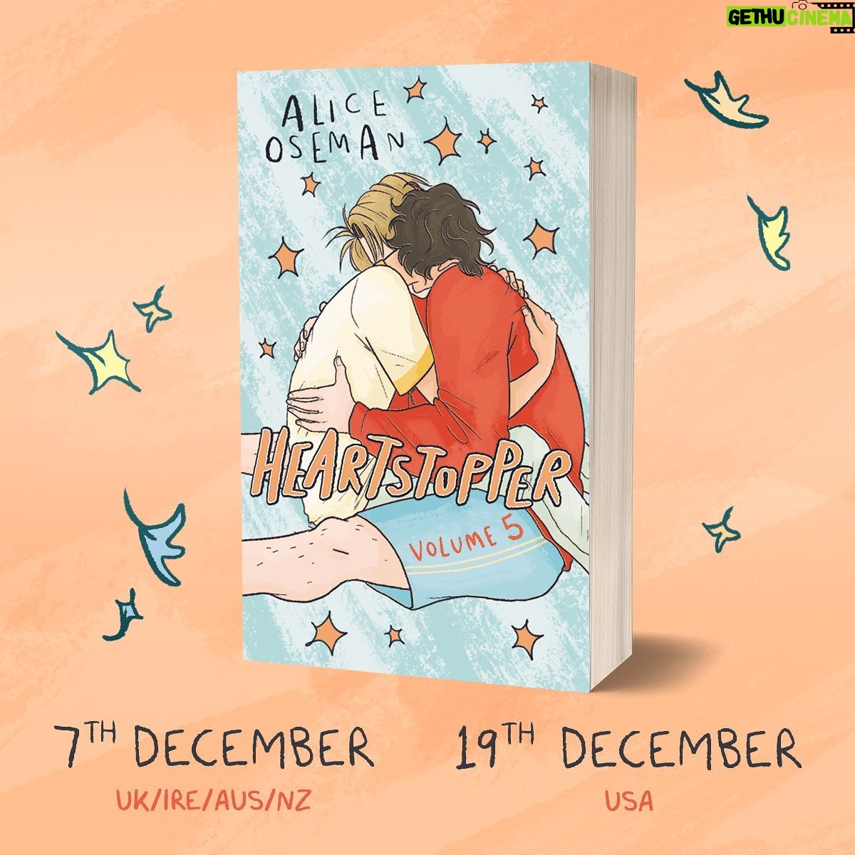 Alice Oseman - 663.2K Likes - HEARTSTOPPER VOLUME 5! I am soooo excited to share this cover with you!! It’s been a long time coming! I am in love with how this one turned out. Vol 5 is out in December and you can preorder now! 🍂💖🌈🐶🏉