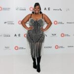 Amber Riley Instagram - Always a good time @ejaf for #EJAFOscars, and it’s in support of such an important cause! Thank you for having us again this year! @eltonjohn Stylist: @icontips Hair: @stylesbydavonte Makeup: @missdrini Tailoring: @fittedbycarolinag Thank you for these amazing custom earrings @iv.pcz 🤍 🎶: “Pearls” @jessieware