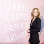 Amber Valletta Instagram - A surprise moment during the Green Carpet Fashion Awards; @AmberValletta challenging guests to eat their jeans! Pasta was served with tomatoes 🍅 grown using @candianidenim COREVA denim - the same material was used to create her bespoke dress designed by @triarchy. @triarchy: "We are very proud to create a bespoke look for Amber using our plastic-free stretch denim. As this is a "green" carpet, we wanted to design something unexpected using denim. Our first thought was a dress, but we have always been inspired by a woman in a classic tuxedo. The result was an amalgamation of the two." The short tuxedo jacket features a traditional double lapel collar, button front, and slim sleeves. The back features a feminine low scoop to give a formal element to the design, which was executed using plastic-free stretch denim in sustainable onyx black. #GreenCarpetFashionAwards #CanYouEatYourJeans? #CorevaDenim #Triarchy #Candiani #ambervalletta